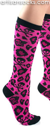 Hot Pink Leopard Print Knee High Socks with Skulls