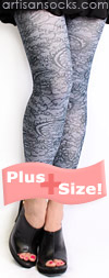 Plus Size Slate Gray Footless Tights with Black Lace Print