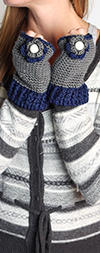 Fingerless Gloves with Knit Flowers - GRAY / BLUE