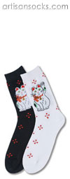 K. Bell Lucky Cat - White Cotton Crew Socks (Calf Socks)