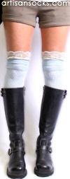 Light Blue Over the Knee Socks with Antique Lace Trim by K. Bell