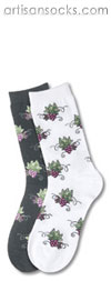 K. Bell Grape Clusters - Black Floral Cotton Crew Socks (Calf Socks)