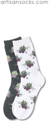 K. Bell Grape Clusters - White Cotton Floral Crew Socks (Calf Socks)