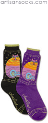 K. Bell Laurel Burch Rainbow Cats - Purple Cotton Crew Socks (Calf Socks)