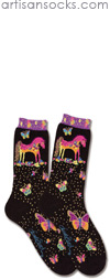 K. Bell Laurel Burch Mythical Mares - Black Cotton Crew Socks (Calf Socks)