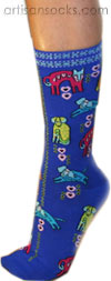 K. Bell Dog Portraits Royal Blue Cotton Crew Socks (Calf Socks)