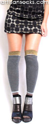 Vintage Stripe Over the Knee Sock with Gold by K. Bell - Black, Gray, Taupe