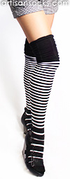 Black and White Striped Thigh High Socks with Ruched Top by K. Bell