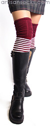 Deep Red and White Striped Thigh High Socks with Ruched Top by K. Bell