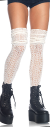 Pointelle Knit Thigh High Socks with Scrunch Top - IVORY