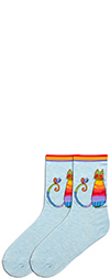 Laurel Burch Rainbow Cat Socks with Bird on Chambray