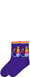 Laurel Burch Rainbow Cat Socks with Bird on Purple