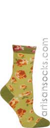 Ozone Walking on Roses Green Anis Flower Print Short Crew Socks