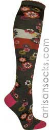 Ozone ASIA CHARCOAL Flower Print Cotton Knee High Knee Socks