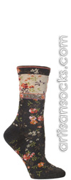 Ozone Mona Linen Floral Print Charcoal Crew Sock