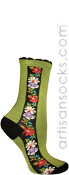 Ozone Nordic Stripe Short Crew Floral Socks - Anis Green