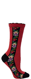 Ozone Red Nordic Stripe Floral Crew Socks