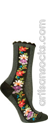 Ozone Charcoal Gray Nordic Stripe Floral Crew Socks