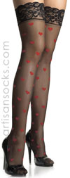Sheer Lace Top Thigh High Stockings with Hearts All Over White / Red