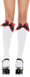 White Knee Hi Stockings W/Plaid Bow White