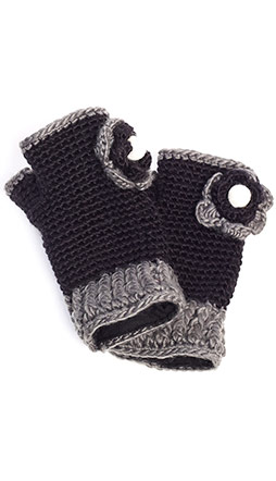 Knit Fingerless Gloves with Flowers - Black & Gray