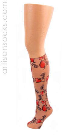Celeste Stein Tattoo Print Knee High Stockings with Heart Pattern