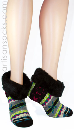 Fairisle Ankle Socks with Faux Fur Cuff