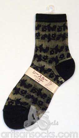 Japanese Silk Black Flowers Mini Crew Socks