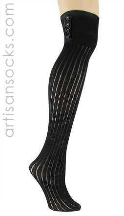K. Bell Button Ribbed Black Cotton OTK Stockings