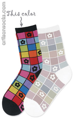 K. Bell Mosaic Flower Black Cotton Crew Socks