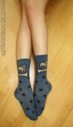 K. Bell Denim Blue Pug Crew Socks