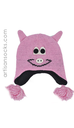 Fleece Lined Kids Animal Beanie: Kids Pink Pig Hat