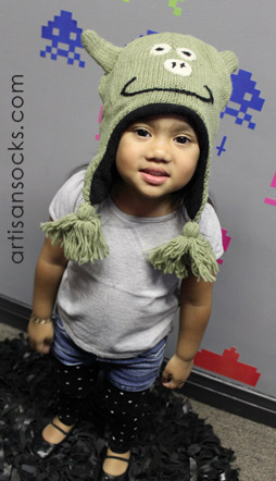 Fleece Lined Kids Animal Beanie: Kids Green Pig Hat