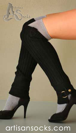 Lara Kazan Black Wool Knit Leg Warmers with leather tab