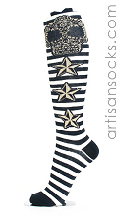 Striped Knee High Skull Socks with Nautical Stars