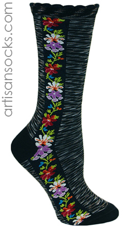 Galactic Black Striped Floral Crew Socks