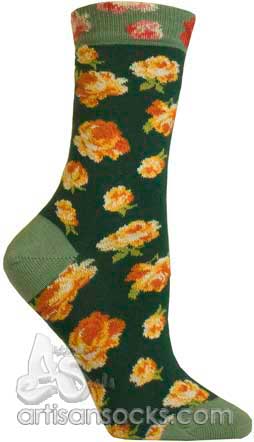 Ozone Walking On Roses Dark Green Floral Cotton Socks