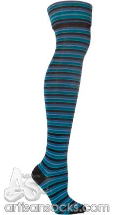 Ozone FOLD-OVER CUFF BLUE Striped Cotton Over The Knee Socks (OTK)