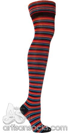 Ozone FOLD-OVER CUFF ORANGE Striped Cotton Over The Knee Socks