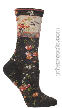 Ozone Mona Linen Floral Print Charcoal Crew Sock