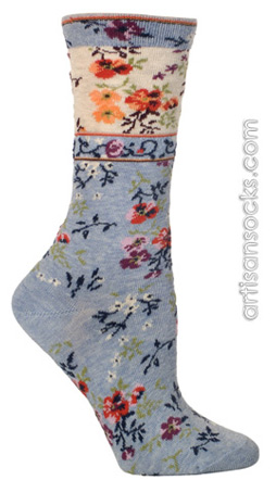 Ozone Mona Linen Floral Print Sky Blue Crew Sock