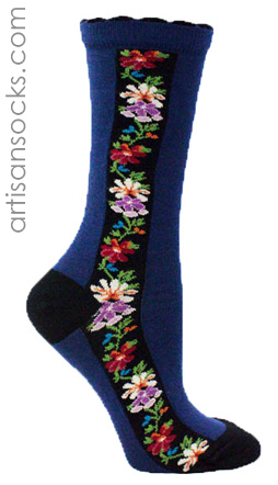 Navy Striped Floral Crew Socks