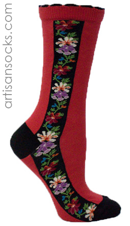 Red Striped Floral Crew Socks