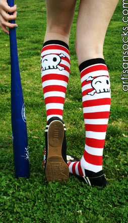 Sock It To Me Pirates Skull Striped Cotton Knee High Socks