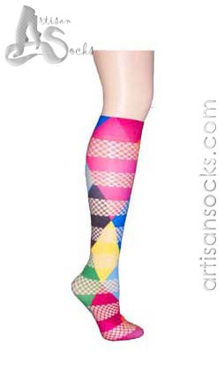 Violet Love Mix Fishnet Rubix Cube Knee High Stockings
