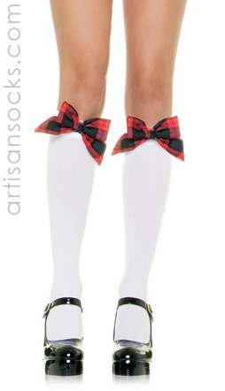 White Knee Hi Stockings  W/Plaid Bow