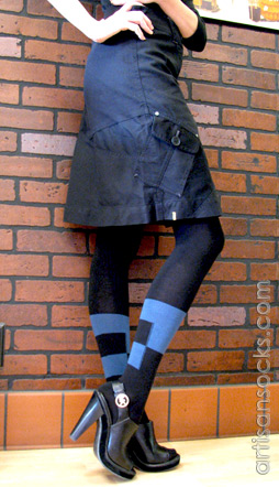 Geometric Sweater Knit Tights in Black with Blue Stripe and Squares