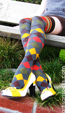 Geometric Harlequin Print with Thigh-High Color Stripes OTK Socks