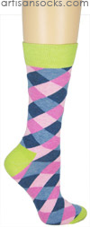 Happy Socks Pink and Denim Argyle Crew Socks