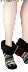 Fairisle Non Slip Bootie Socks with Faux Fur Cuff Black